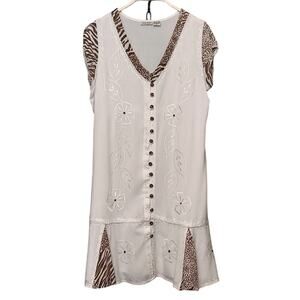 Raya Sun White Brown Button Front Floral Embroidery Animal Print Mini Swim Dress